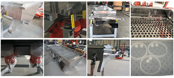 不銹鋼直線篩不同定制出料口，電機，篩網，篩箱，彈跳球等部件細節(jié)展示