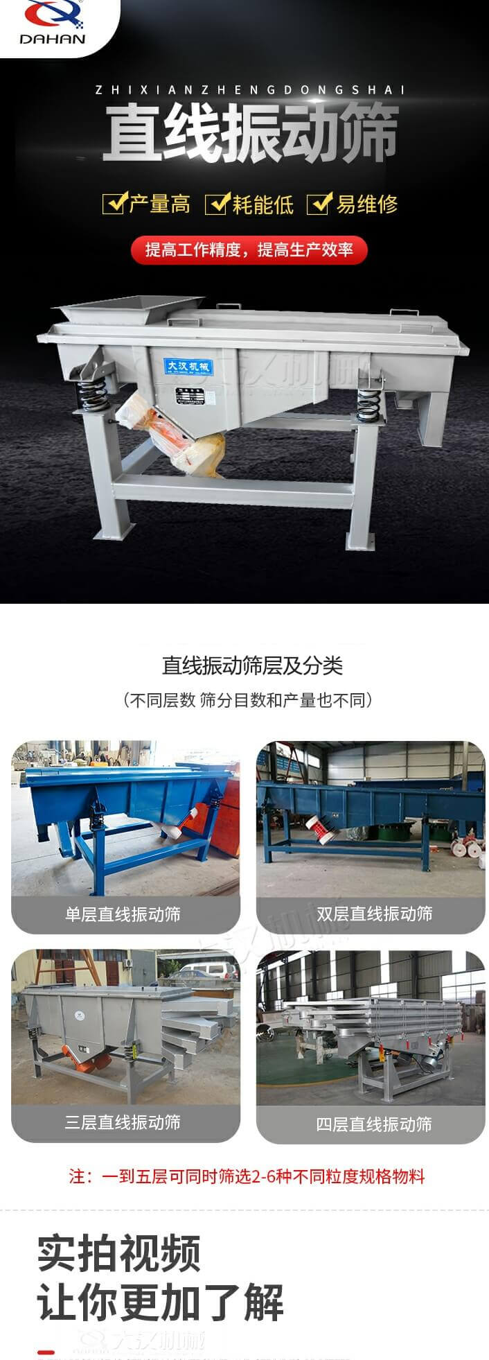 直線振動篩概述，產(chǎn)量高，耗能低，易維修，提高工作精度，提高生產(chǎn)效率，直線振動篩層級分類：不同層數(shù)，篩分目數(shù)和產(chǎn)量也不同：單層，雙層，三層，四層等。