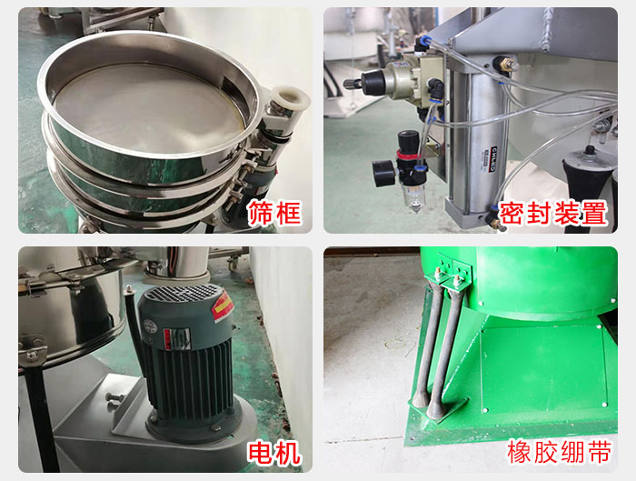 搖擺篩結構：電機，橡膠繃帶，篩框，密封裝置等。